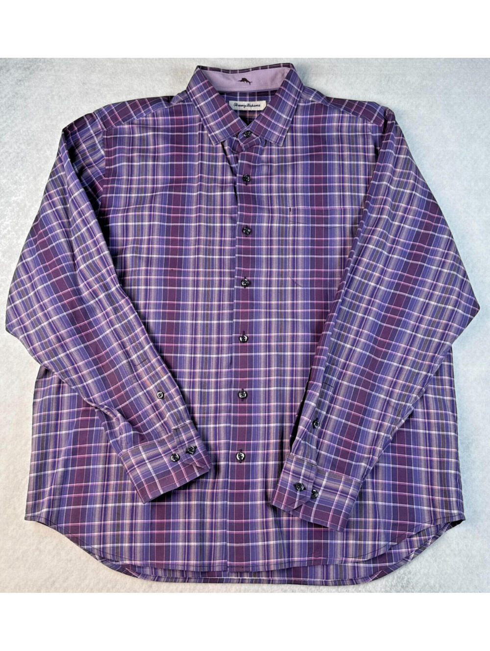 Tommy Bahama Mens Large Silk Blend Purple Plaid Button Up Long Sleeve Shirt